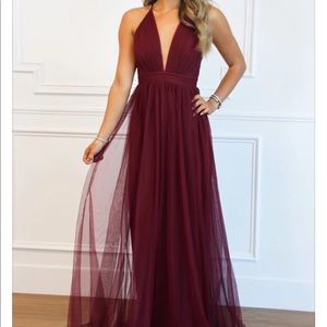 Luxxel Burgundy Maxi Dress Plunging Neckline